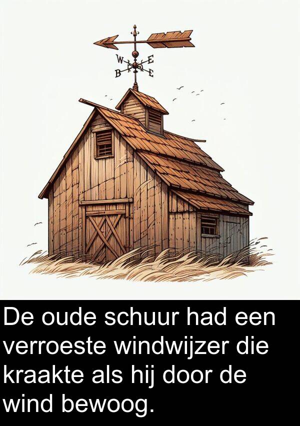 kraakte: De oude schuur had een verroeste windwijzer die kraakte als hij door de wind bewoog.