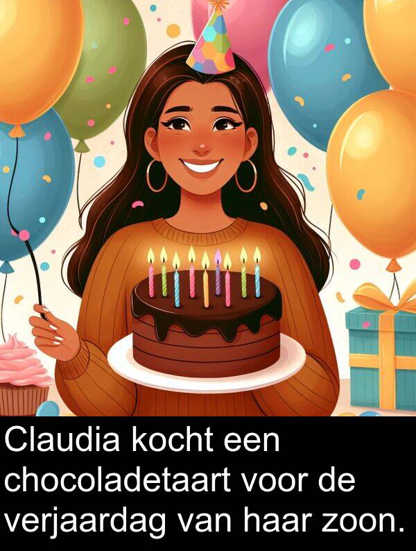 zoon: Claudia kocht een chocoladetaart voor de verjaardag van haar zoon.