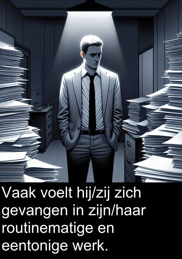 gevangen: Vaak voelt hij/zij zich gevangen in zijn/haar routinematige en eentonige werk.