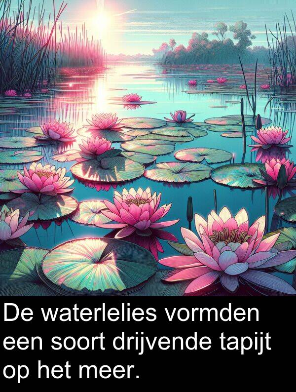 drijvende: De waterlelies vormden een soort drijvende tapijt op het meer.