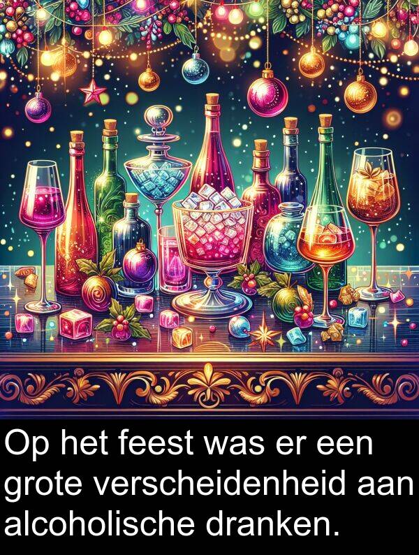 dranken: Op het feest was er een grote verscheidenheid aan alcoholische dranken.