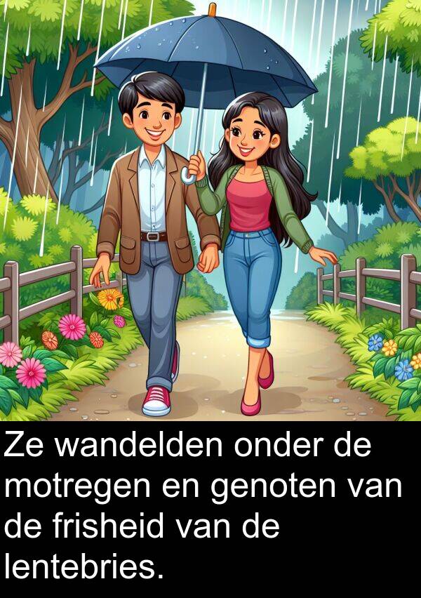 frisheid: Ze wandelden onder de motregen en genoten van de frisheid van de lentebries.