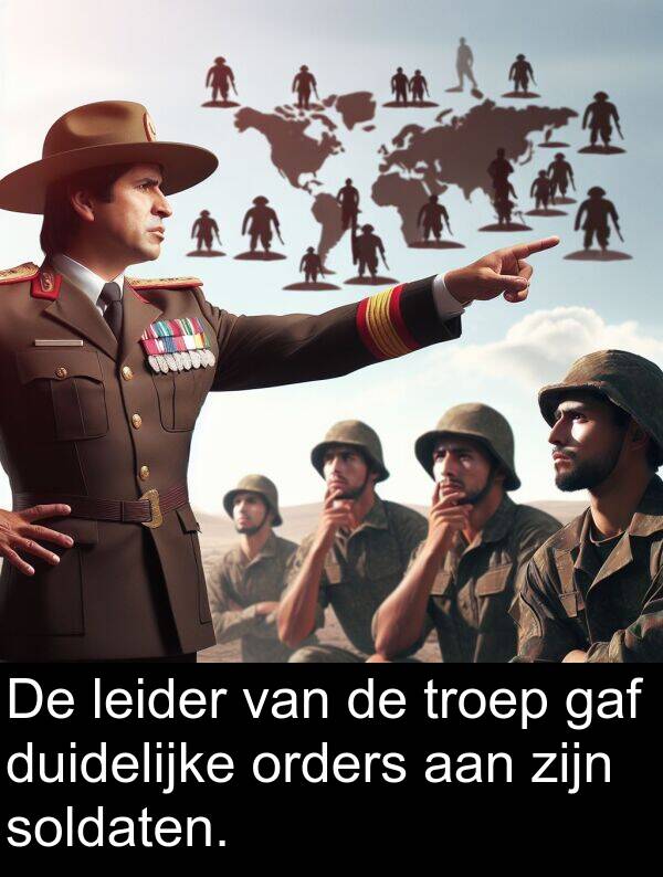 duidelijke: De leider van de troep gaf duidelijke orders aan zijn soldaten.
