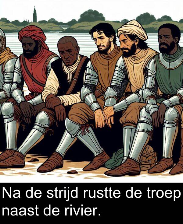 strijd: Na de strijd rustte de troep naast de rivier.