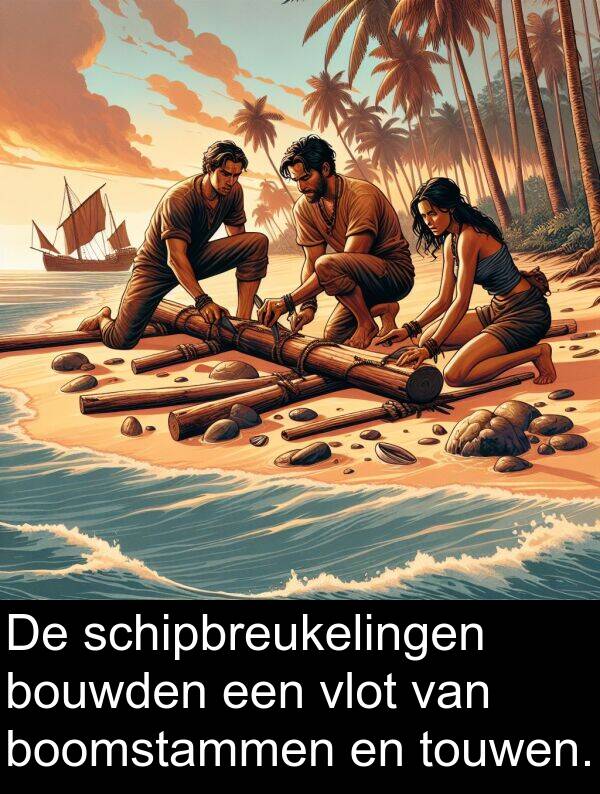 boomstammen: De schipbreukelingen bouwden een vlot van boomstammen en touwen.