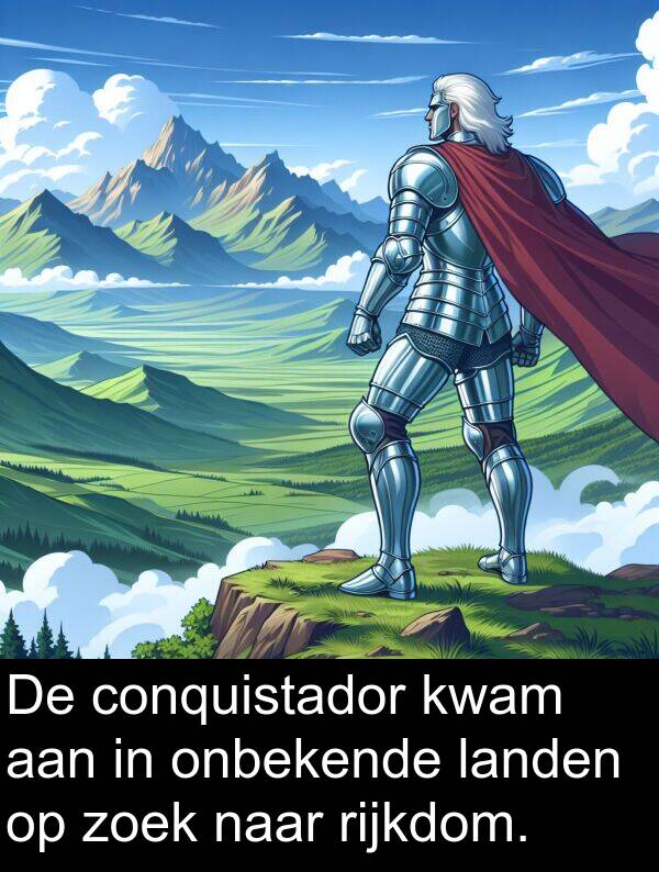 zoek: De conquistador kwam aan in onbekende landen op zoek naar rijkdom.