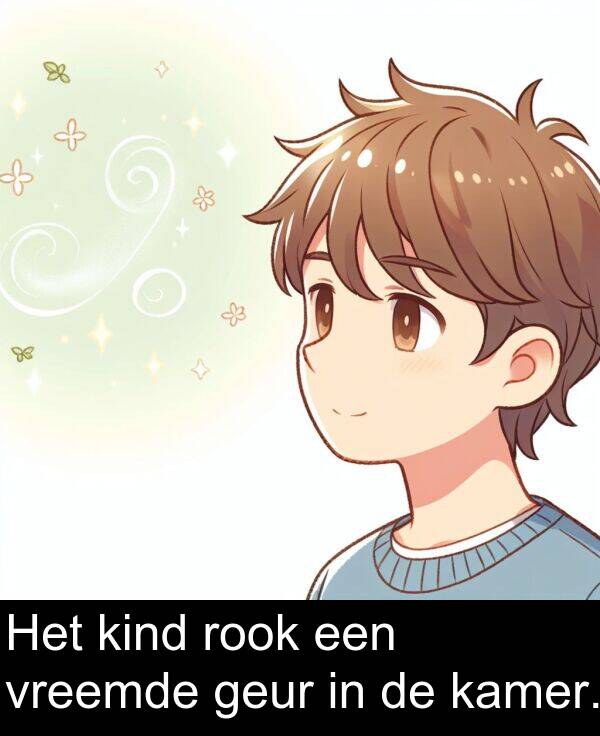 geur: Het kind rook een vreemde geur in de kamer.