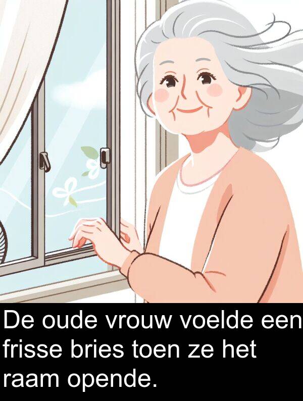 vrouw: De oude vrouw voelde een frisse bries toen ze het raam opende.