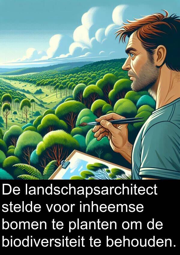 stelde: De landschapsarchitect stelde voor inheemse bomen te planten om de biodiversiteit te behouden.
