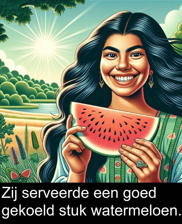 gekoeld: Zij serveerde een goed gekoeld stuk watermeloen.