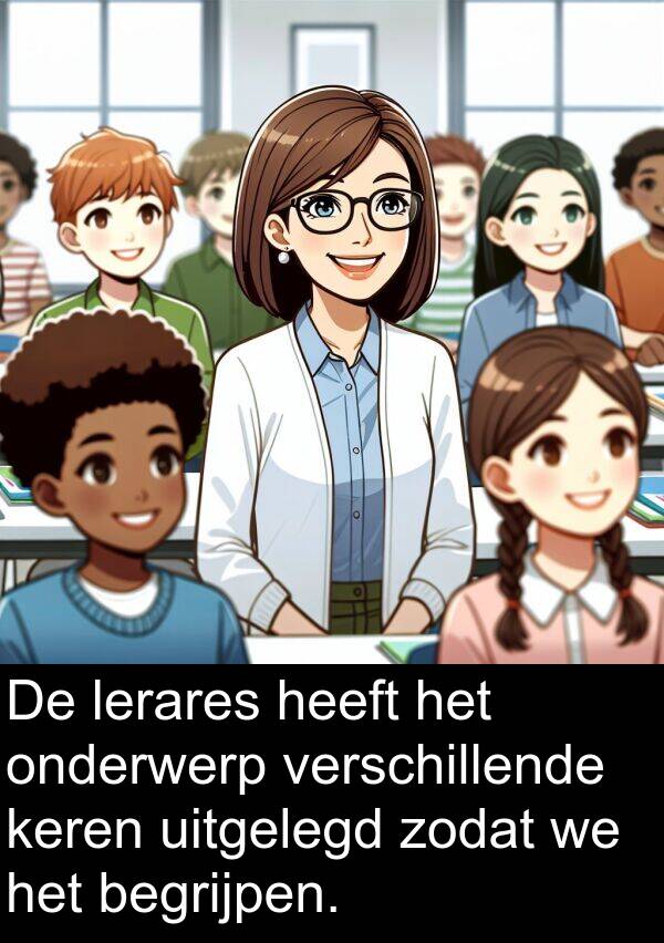 lerares: De lerares heeft het onderwerp verschillende keren uitgelegd zodat we het begrijpen.