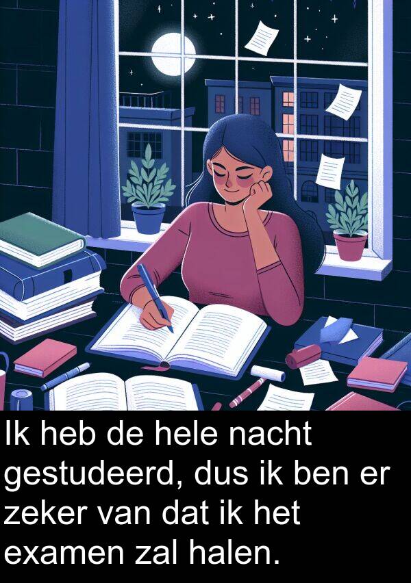 dus: Ik heb de hele nacht gestudeerd, dus ik ben er zeker van dat ik het examen zal halen.