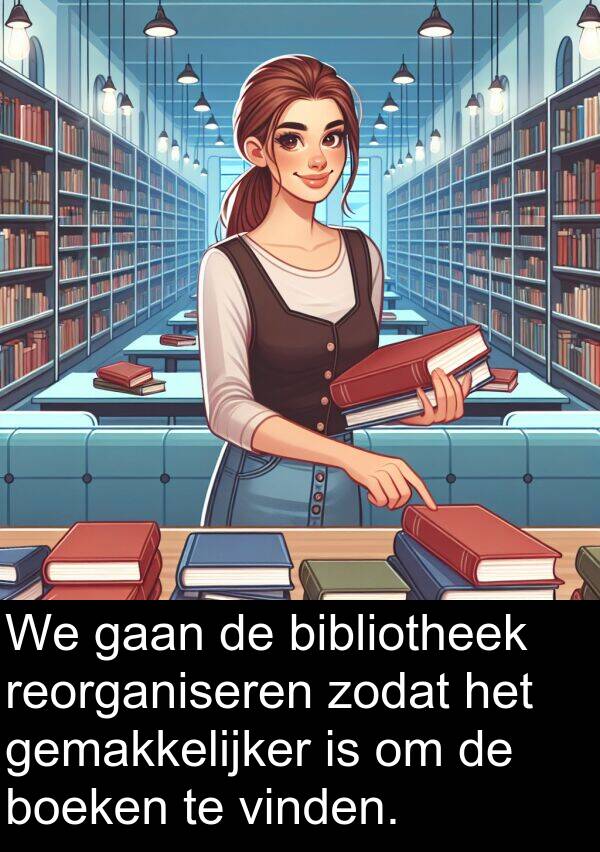 boeken: We gaan de bibliotheek reorganiseren zodat het gemakkelijker is om de boeken te vinden.