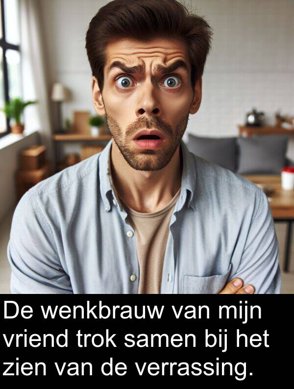 zien: De wenkbrauw van mijn vriend trok samen bij het zien van de verrassing.