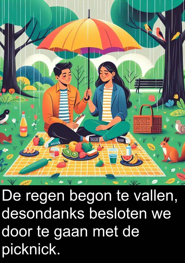 gaan: De regen begon te vallen, desondanks besloten we door te gaan met de picknick.