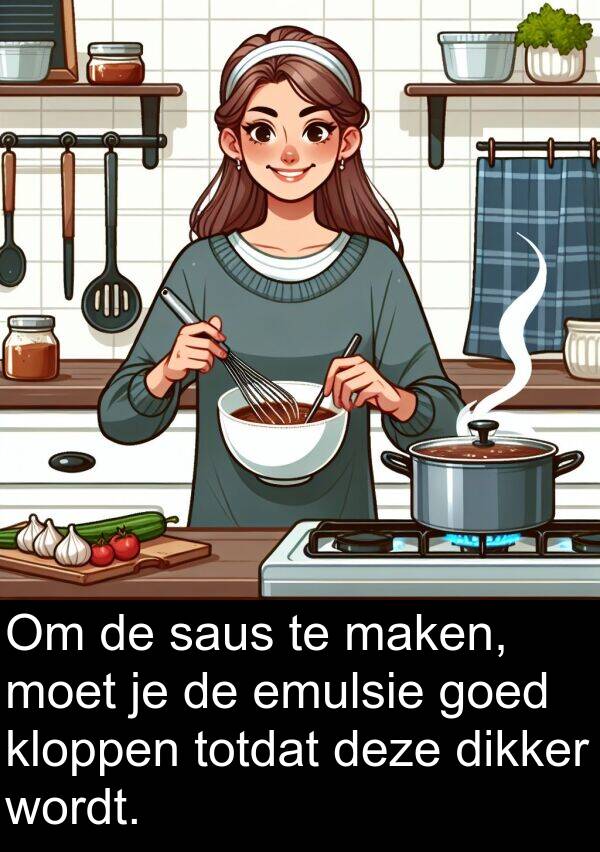 goed: Om de saus te maken, moet je de emulsie goed kloppen totdat deze dikker wordt.