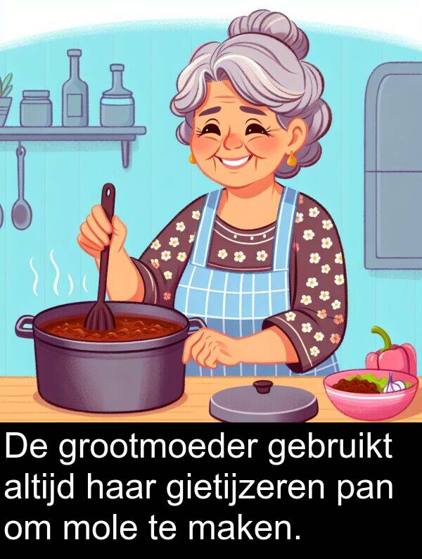 gietijzeren: De grootmoeder gebruikt altijd haar gietijzeren pan om mole te maken.