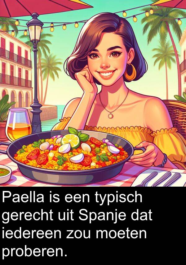 proberen: Paella is een typisch gerecht uit Spanje dat iedereen zou moeten proberen.