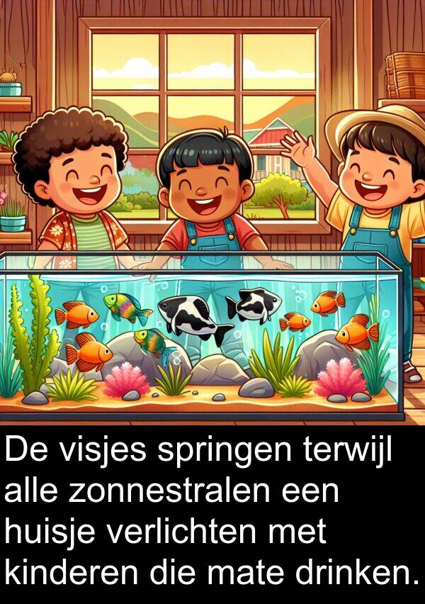 drinken: De visjes springen terwijl alle zonnestralen een huisje verlichten met kinderen die mate drinken.