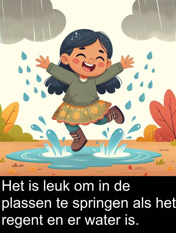 springen: Het is leuk om in de plassen te springen als het regent en er water is.