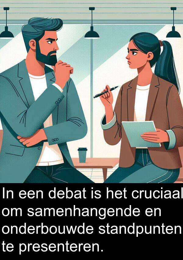 onderbouwde: In een debat is het cruciaal om samenhangende en onderbouwde standpunten te presenteren.