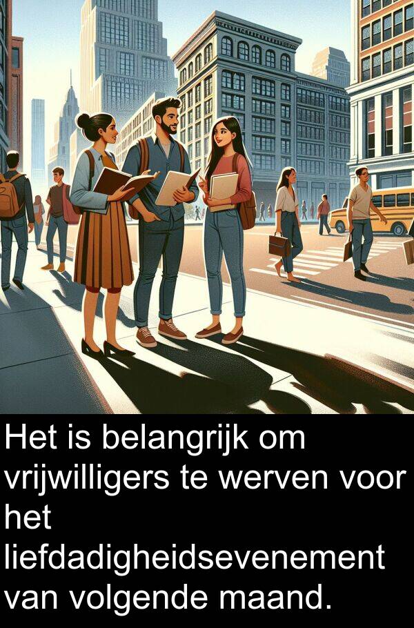 maand: Het is belangrijk om vrijwilligers te werven voor het liefdadigheidsevenement van volgende maand.