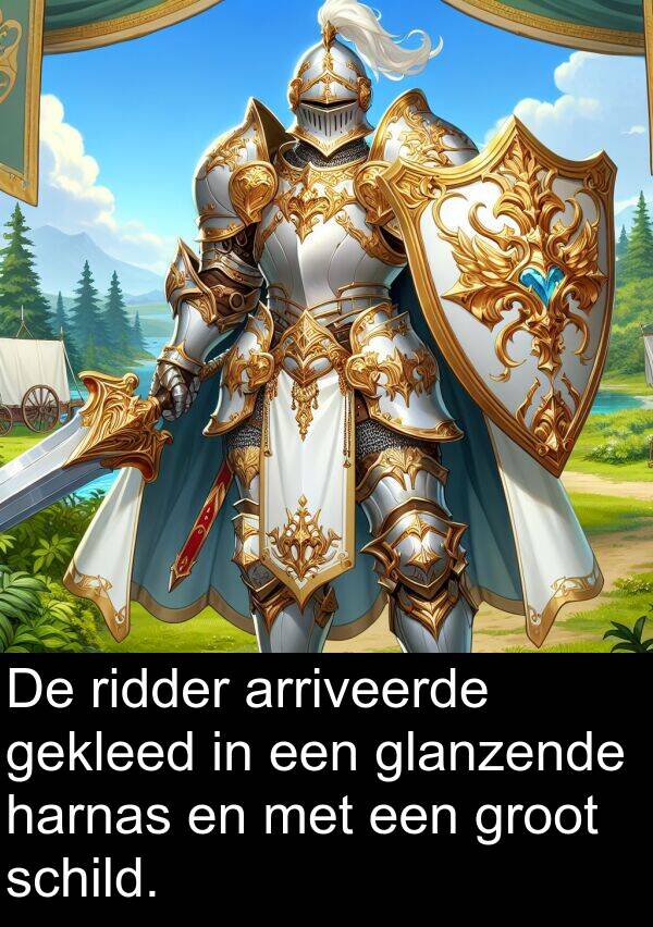 gekleed: De ridder arriveerde gekleed in een glanzende harnas en met een groot schild.