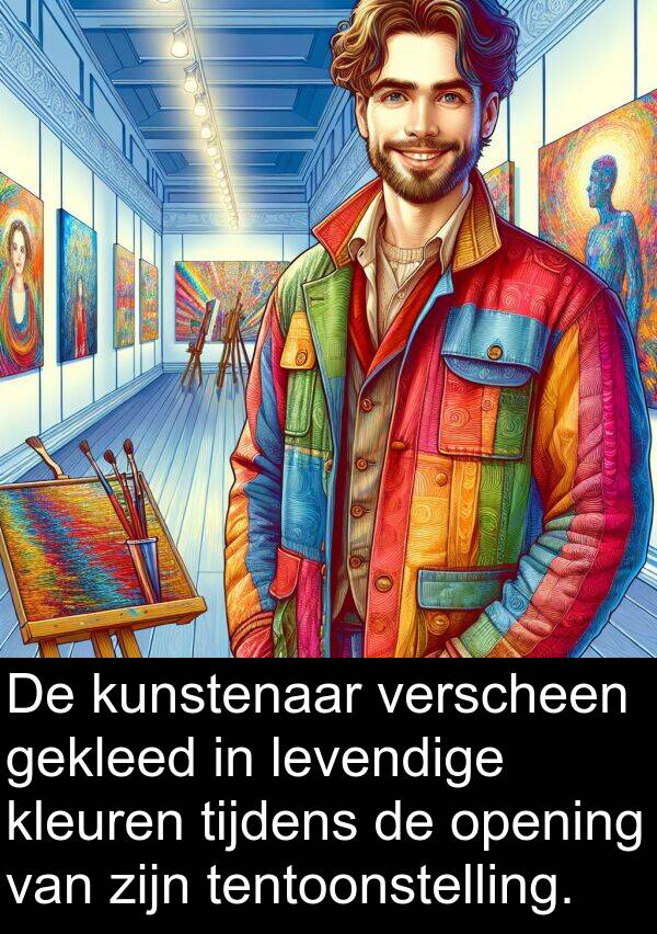 gekleed: De kunstenaar verscheen gekleed in levendige kleuren tijdens de opening van zijn tentoonstelling.