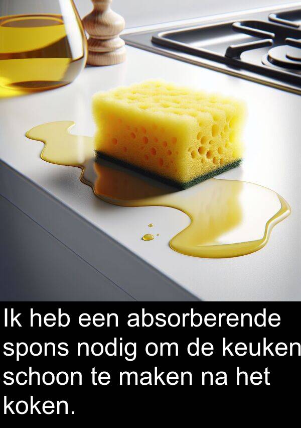 nodig: Ik heb een absorberende spons nodig om de keuken schoon te maken na het koken.