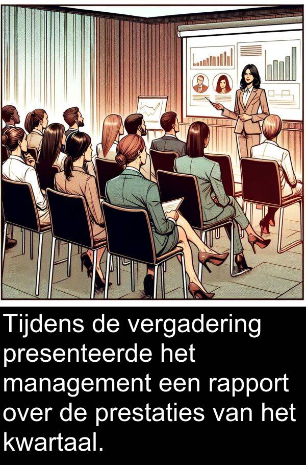 prestaties: Tijdens de vergadering presenteerde het management een rapport over de prestaties van het kwartaal.