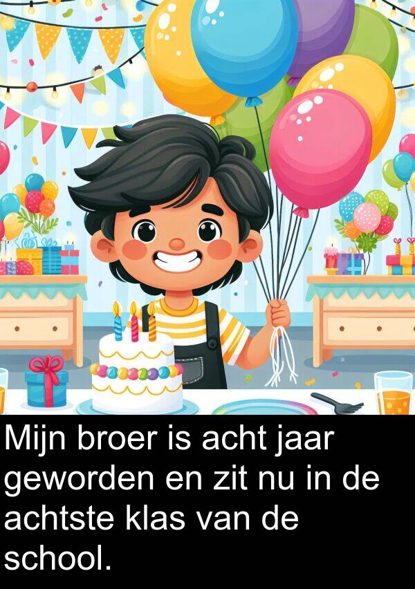 geworden: Mijn broer is acht jaar geworden en zit nu in de achtste klas van de school.