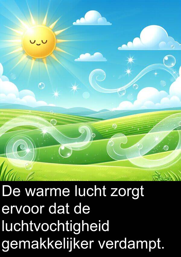 lucht: De warme lucht zorgt ervoor dat de luchtvochtigheid gemakkelijker verdampt.