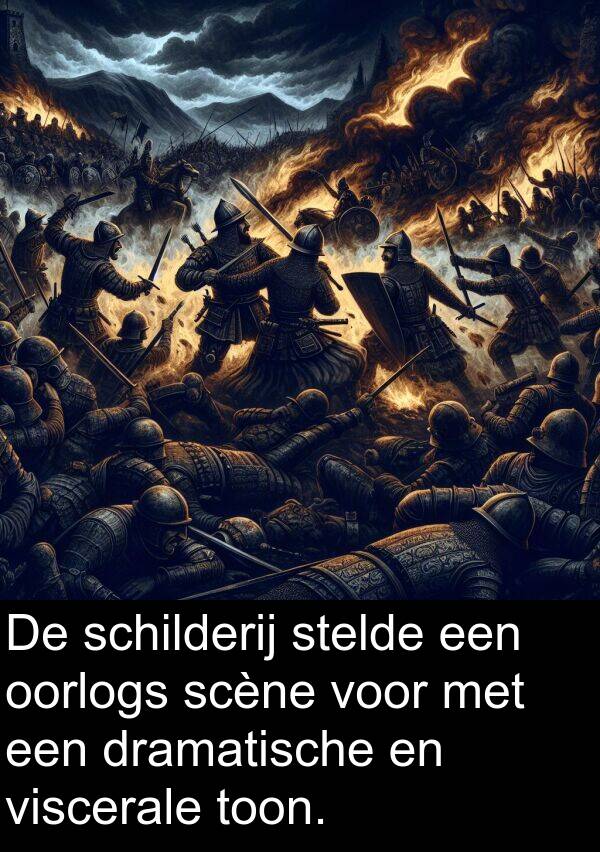 dramatische: De schilderij stelde een oorlogs scène voor met een dramatische en viscerale toon.