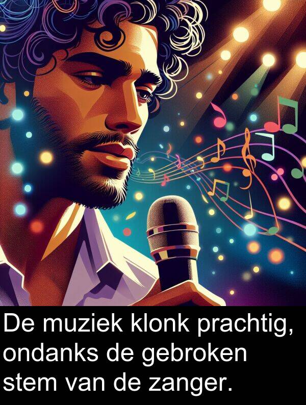ondanks: De muziek klonk prachtig, ondanks de gebroken stem van de zanger.
