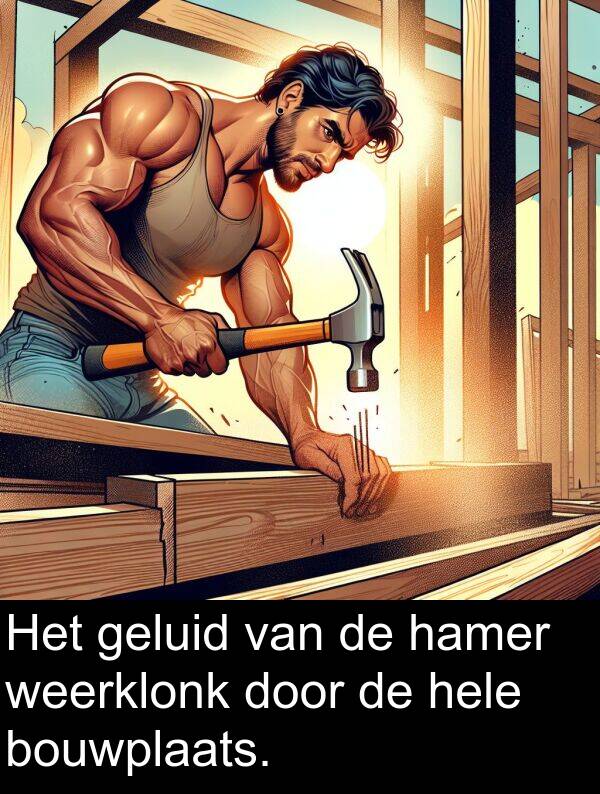 geluid: Het geluid van de hamer weerklonk door de hele bouwplaats.