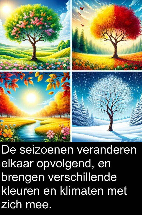veranderen: De seizoenen veranderen elkaar opvolgend, en brengen verschillende kleuren en klimaten met zich mee.