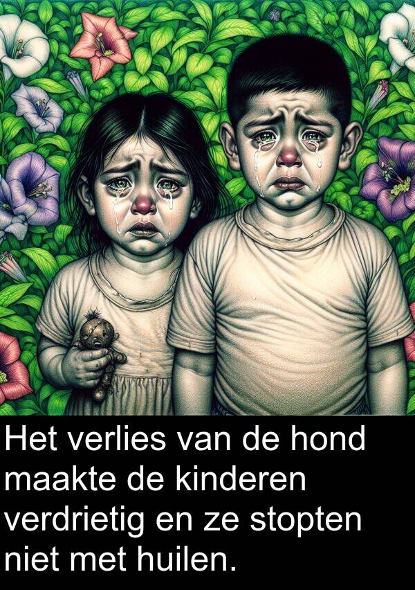 maakte: Het verlies van de hond maakte de kinderen verdrietig en ze stopten niet met huilen.