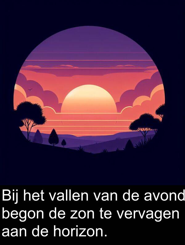 zon: Bij het vallen van de avond begon de zon te vervagen aan de horizon.