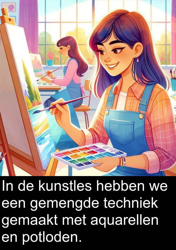 potloden: In de kunstles hebben we een gemengde techniek gemaakt met aquarellen en potloden.
