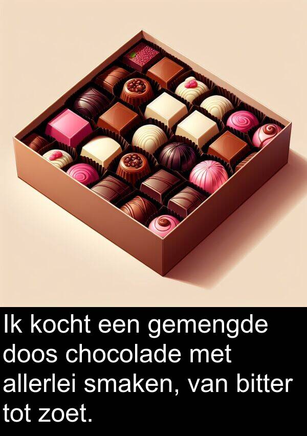 doos: Ik kocht een gemengde doos chocolade met allerlei smaken, van bitter tot zoet.