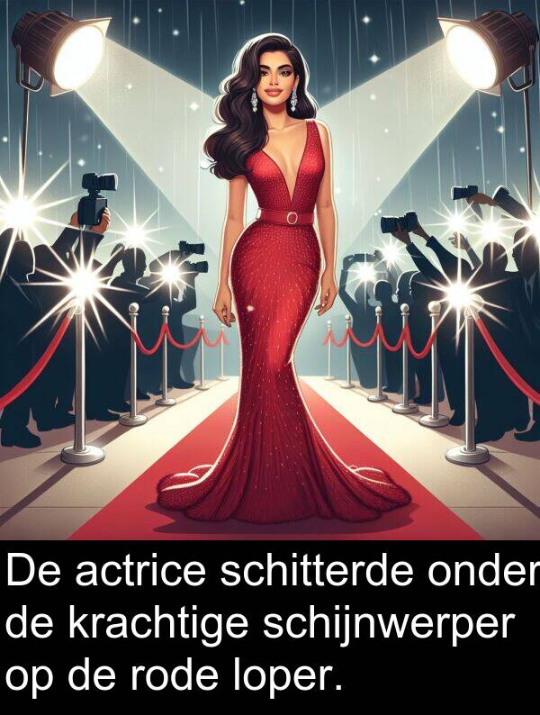 onder: De actrice schitterde onder de krachtige schijnwerper op de rode loper.