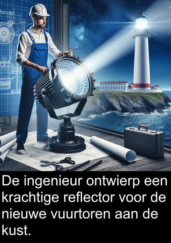 ontwierp: De ingenieur ontwierp een krachtige reflector voor de nieuwe vuurtoren aan de kust.