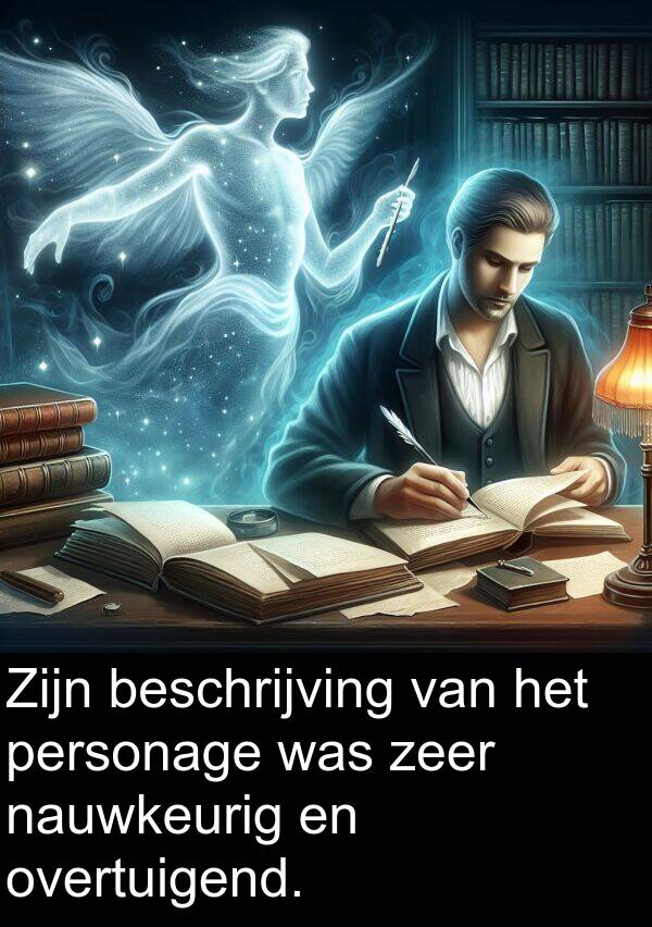 personage: Zijn beschrijving van het personage was zeer nauwkeurig en overtuigend.