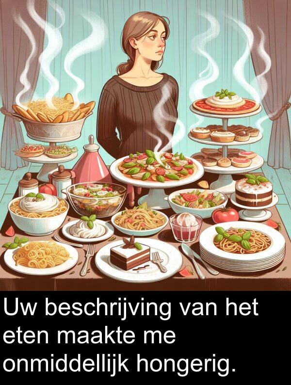 maakte: Uw beschrijving van het eten maakte me onmiddellijk hongerig.