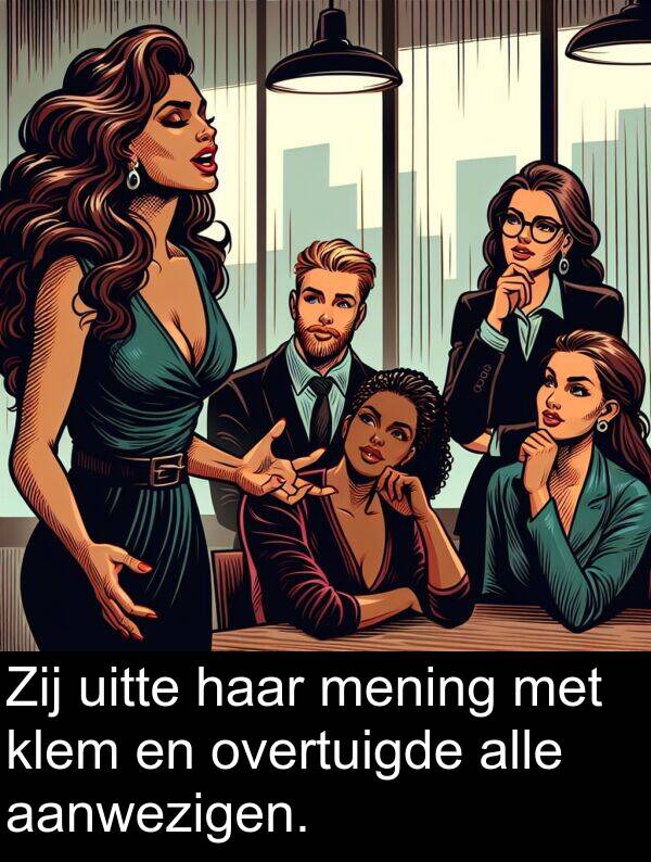 mening: Zij uitte haar mening met klem en overtuigde alle aanwezigen.
