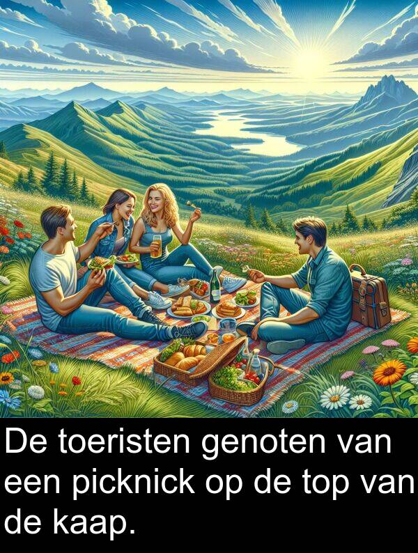 kaap: De toeristen genoten van een picknick op de top van de kaap.