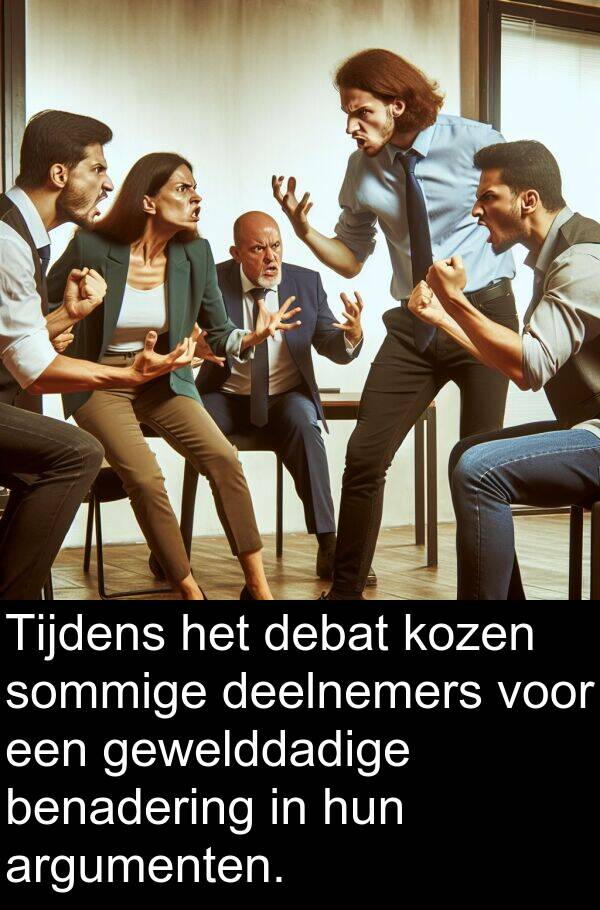 gewelddadige: Tijdens het debat kozen sommige deelnemers voor een gewelddadige benadering in hun argumenten.