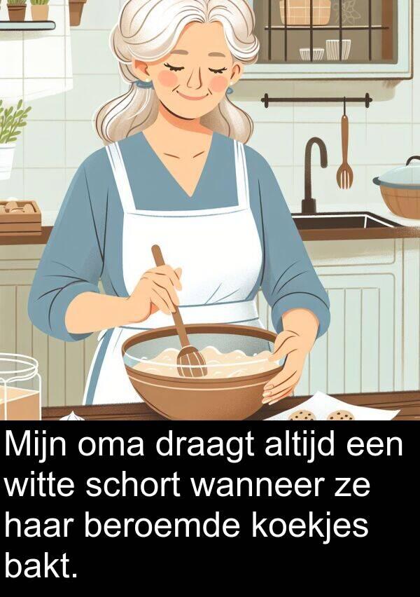 draagt: Mijn oma draagt altijd een witte schort wanneer ze haar beroemde koekjes bakt.