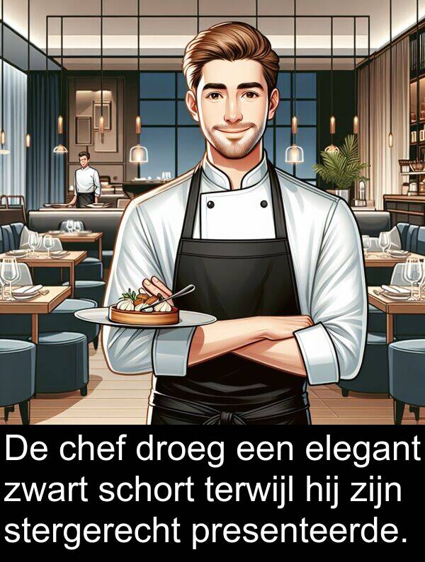 droeg: De chef droeg een elegant zwart schort terwijl hij zijn stergerecht presenteerde.