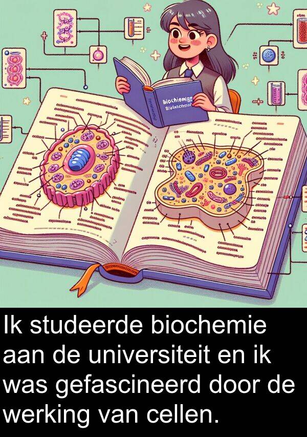 studeerde: Ik studeerde biochemie aan de universiteit en ik was gefascineerd door de werking van cellen.